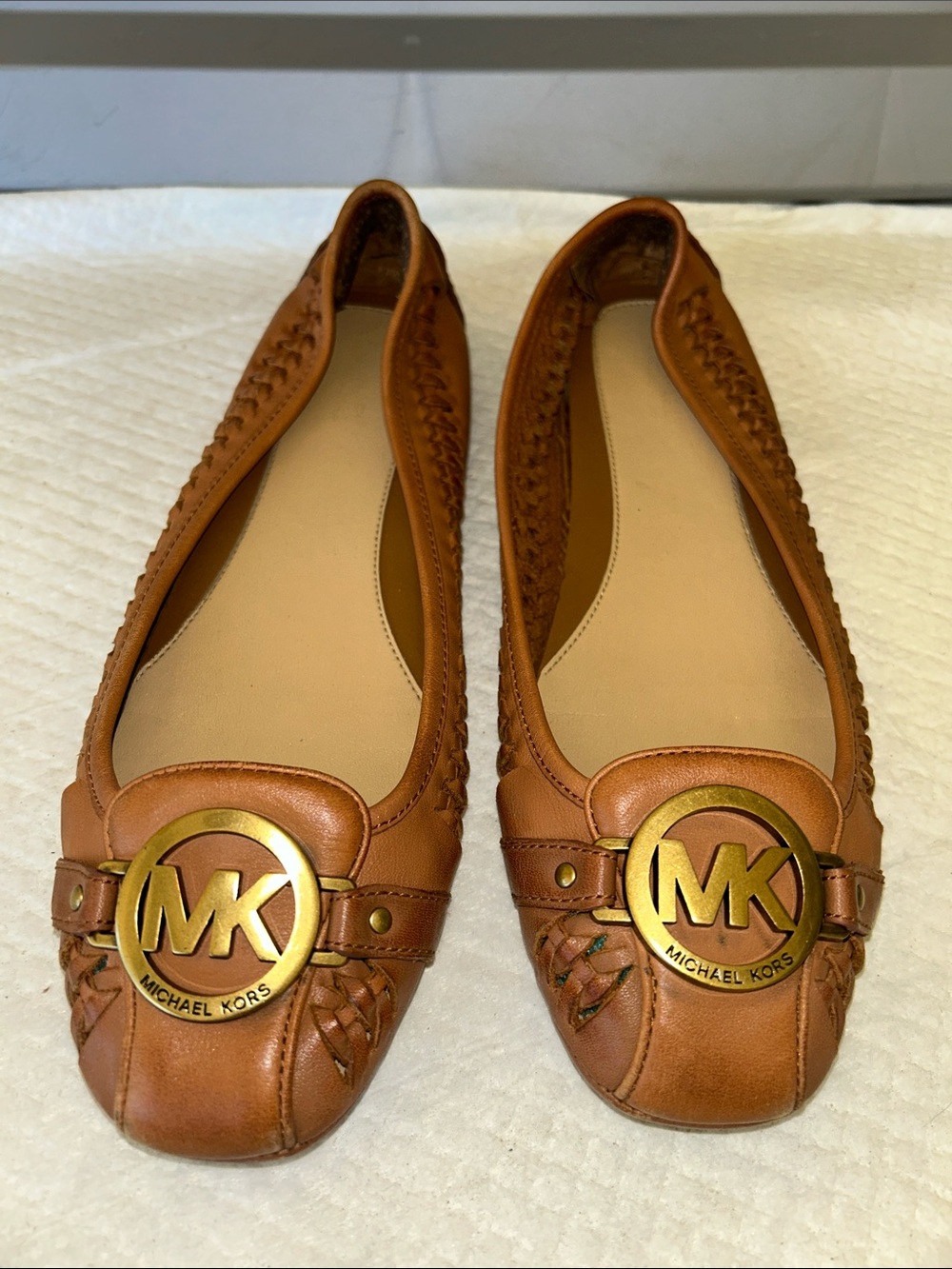 Michael Kors Tan Leather MK Medallion Ballet Flats